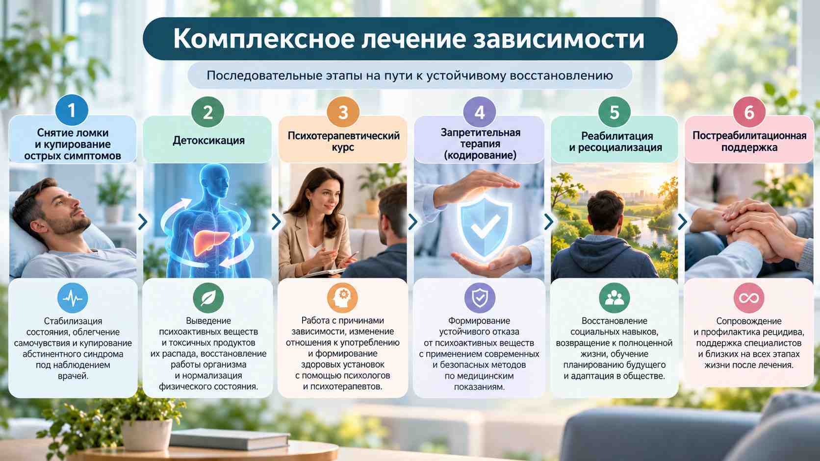 Комплексное лечение зависимости — основные этапы терапии. Шесть этапов комплексного лечения зависимости: снятие абстинентного синдрома, детоксикация, психотерапия, кодирование, реабилитация и поддержка.